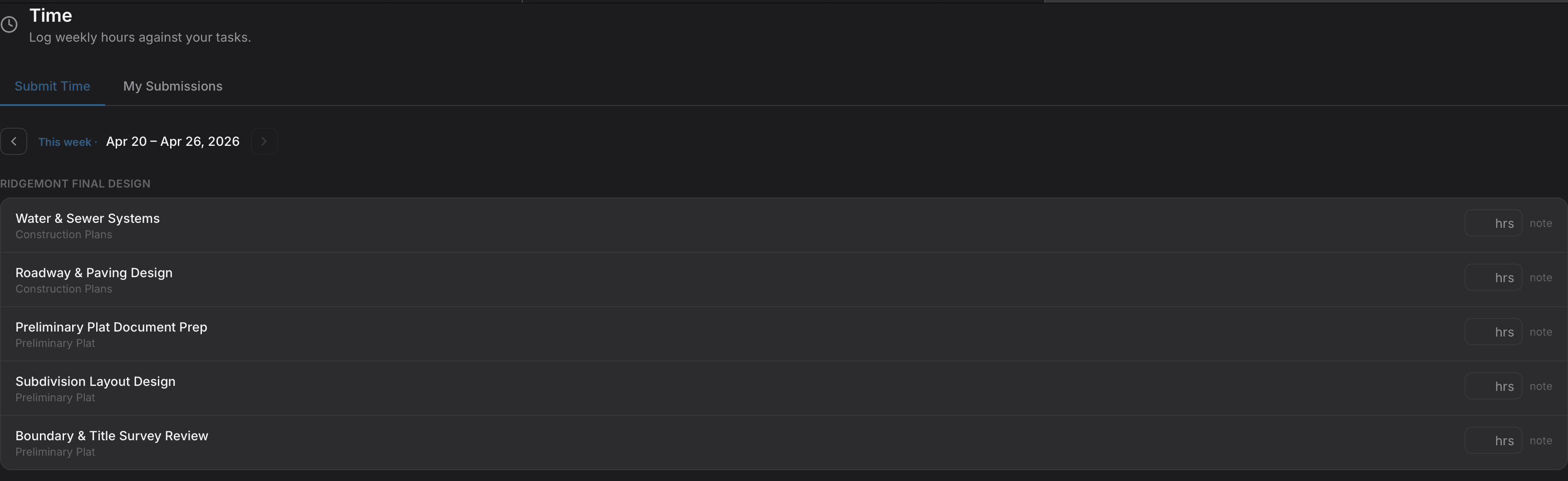 Weekly time log and approval queue